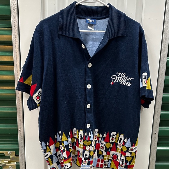 Stylish Navy Button Down Shirt/Sweater with Colorful Accents-unisex - Picture 8 of 12